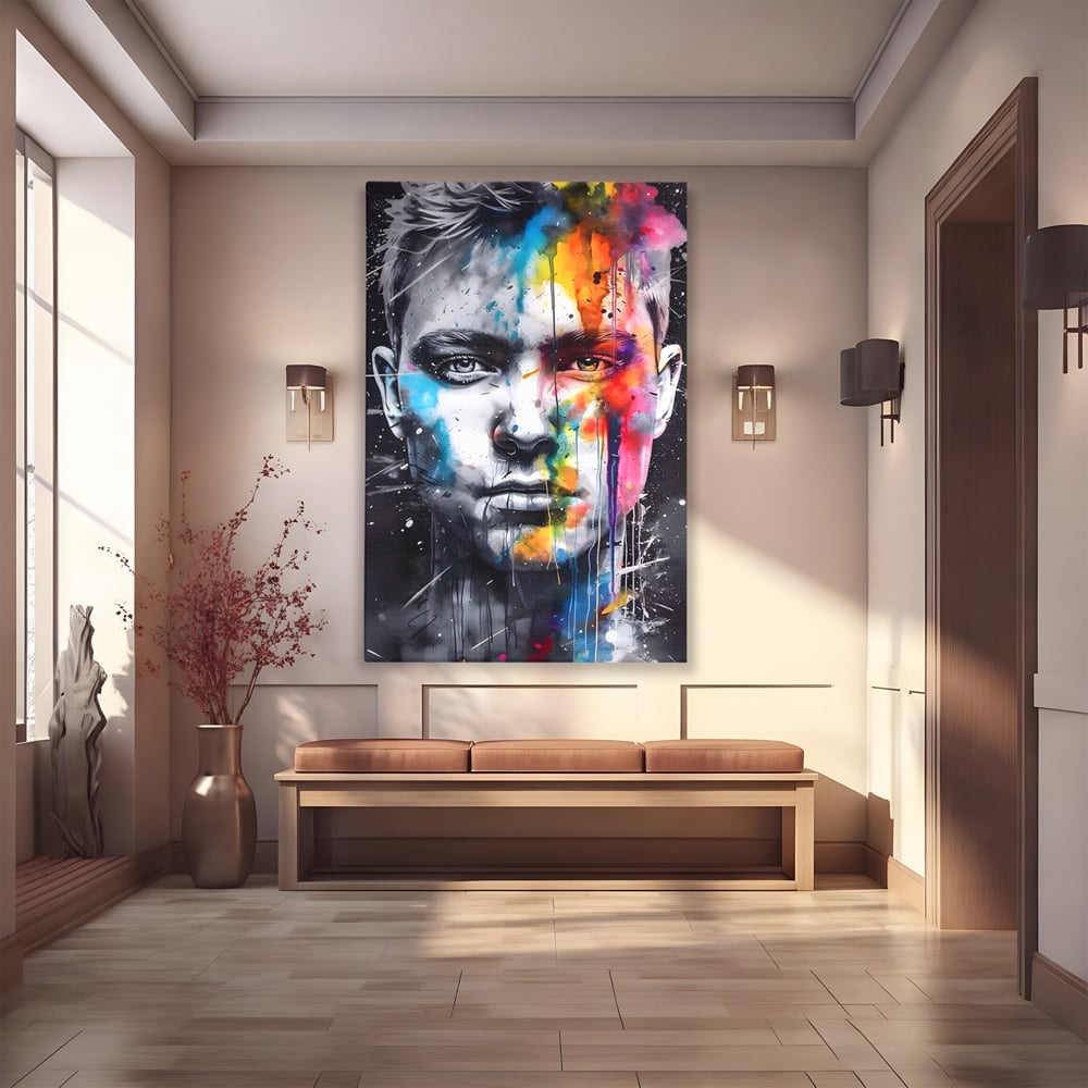 Tablou canvas cu tablou canvas portret barbat cu pete de culoare, fara rama, pe sasiu de lemn